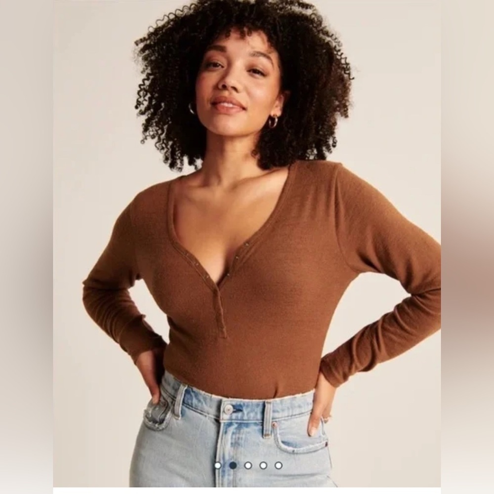 Abercrombie & Fitch Brown Long-Sleeve Cozy Henley Bodysuit Medium